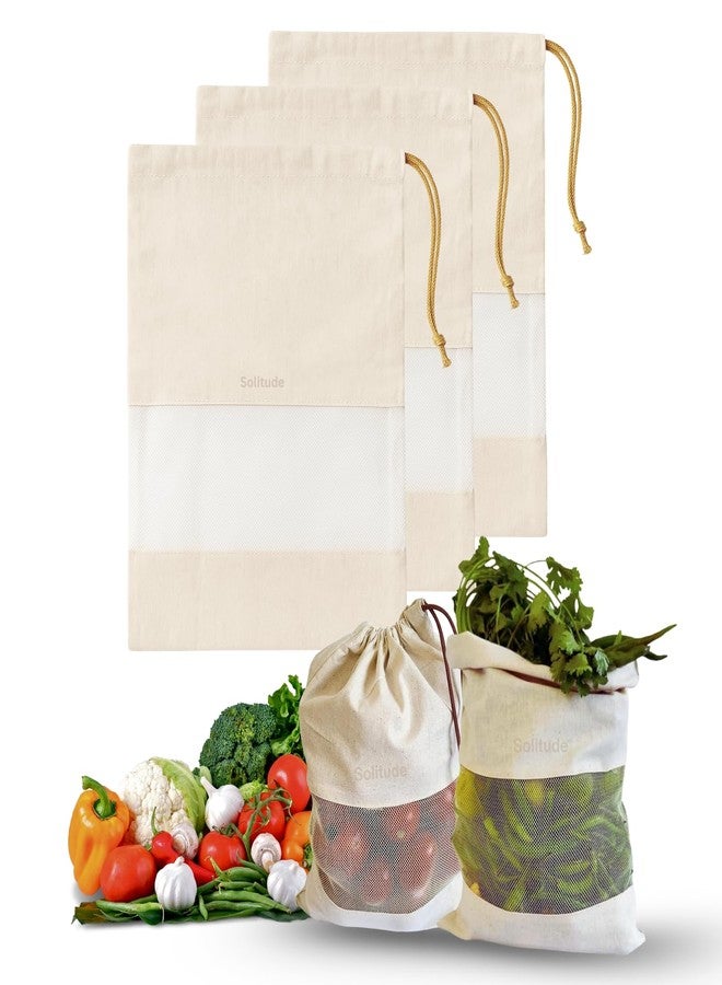 Solitude Set of 3 Cotton Vegetable Bags Fridge Storage Bag Sabji Fruits Pouch Refrigerator Produce Muslin Reusable Washable & Multipurpose use Cloth Bags with Drawstrings - Image 1